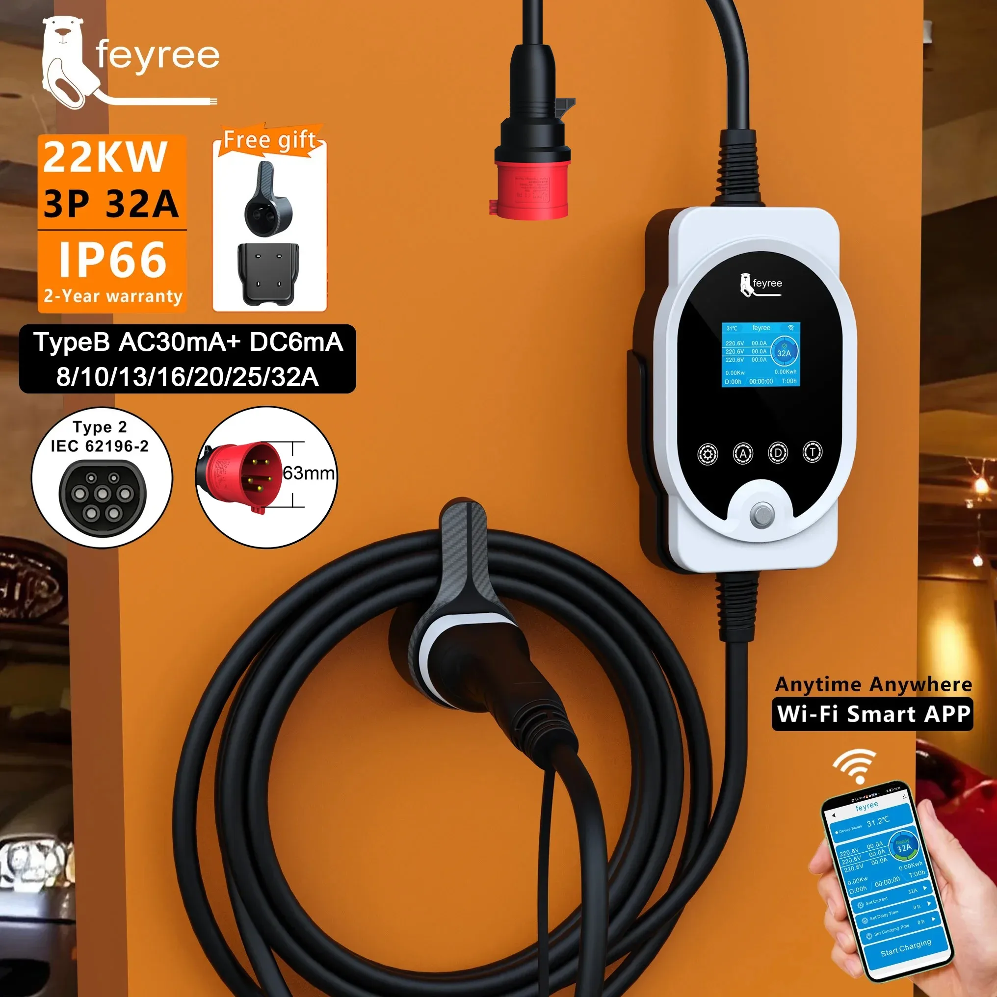Ev Charger Type 2 22Kw 32A 3 Phase - Feyree 22KW Tipe2 Kabel EVSE Wallbox