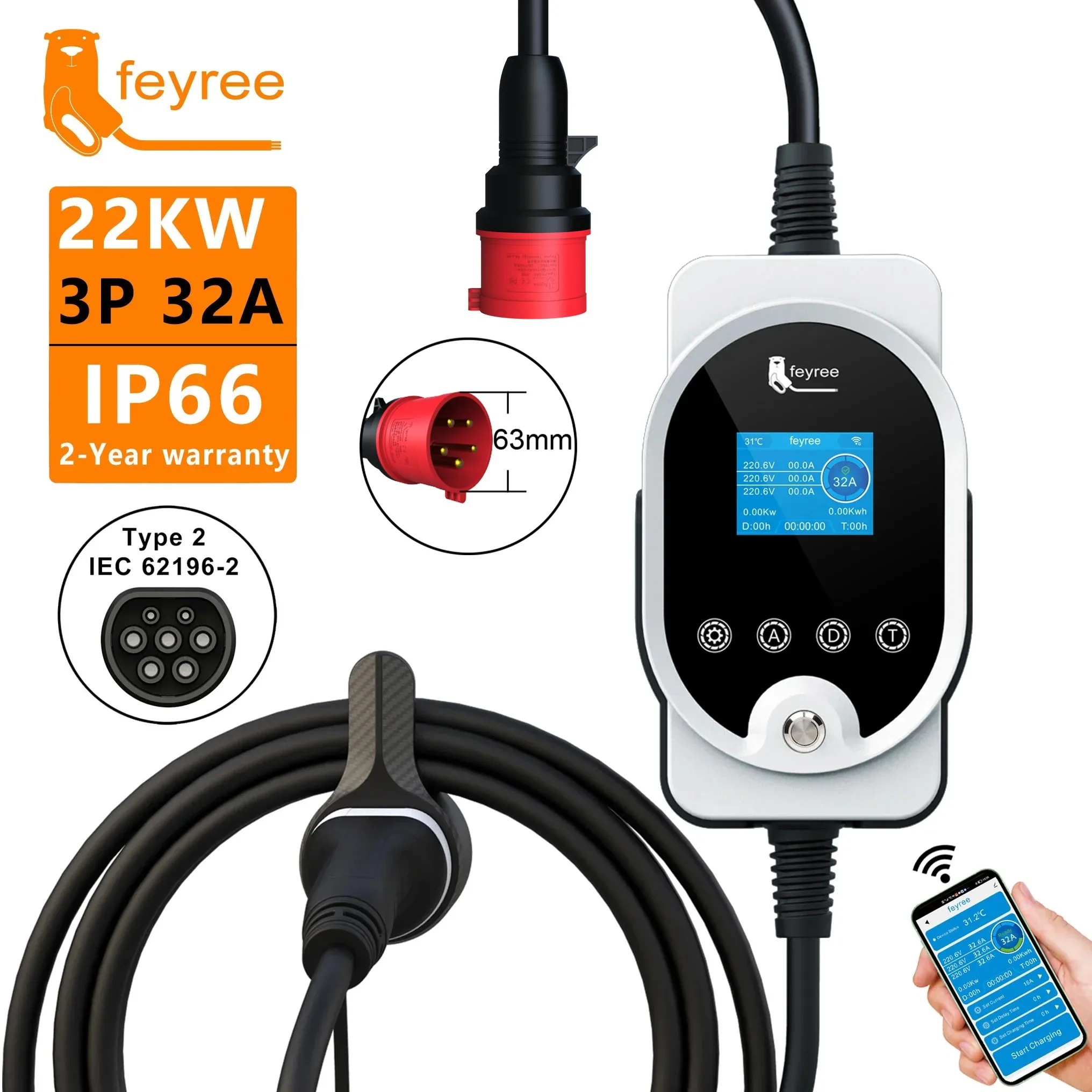 Feyree 22KW Tipe2 Kabel EVSE W - Ev Charger Type 2 22Kw 32A 3 Phase ulasan dan harga